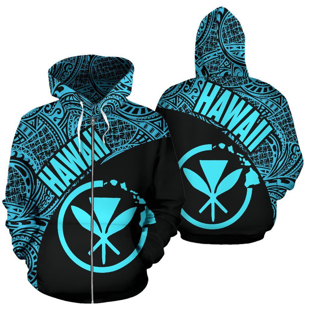 Hawaii Zip up Hoodie Hawaii Kanaka Maoli Polynesian Tattoo Black Blue Version Unisex Blue - Polynesian Pride