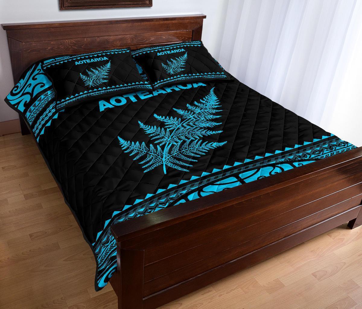 Aotearoa New Zealand Maori Quilt Bed Set Silver Fern Blue - Polynesian Pride