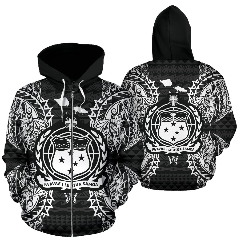 Samoa Polynesian All Over Zip up Hoodie Map Black Unisex Black - Polynesian Pride