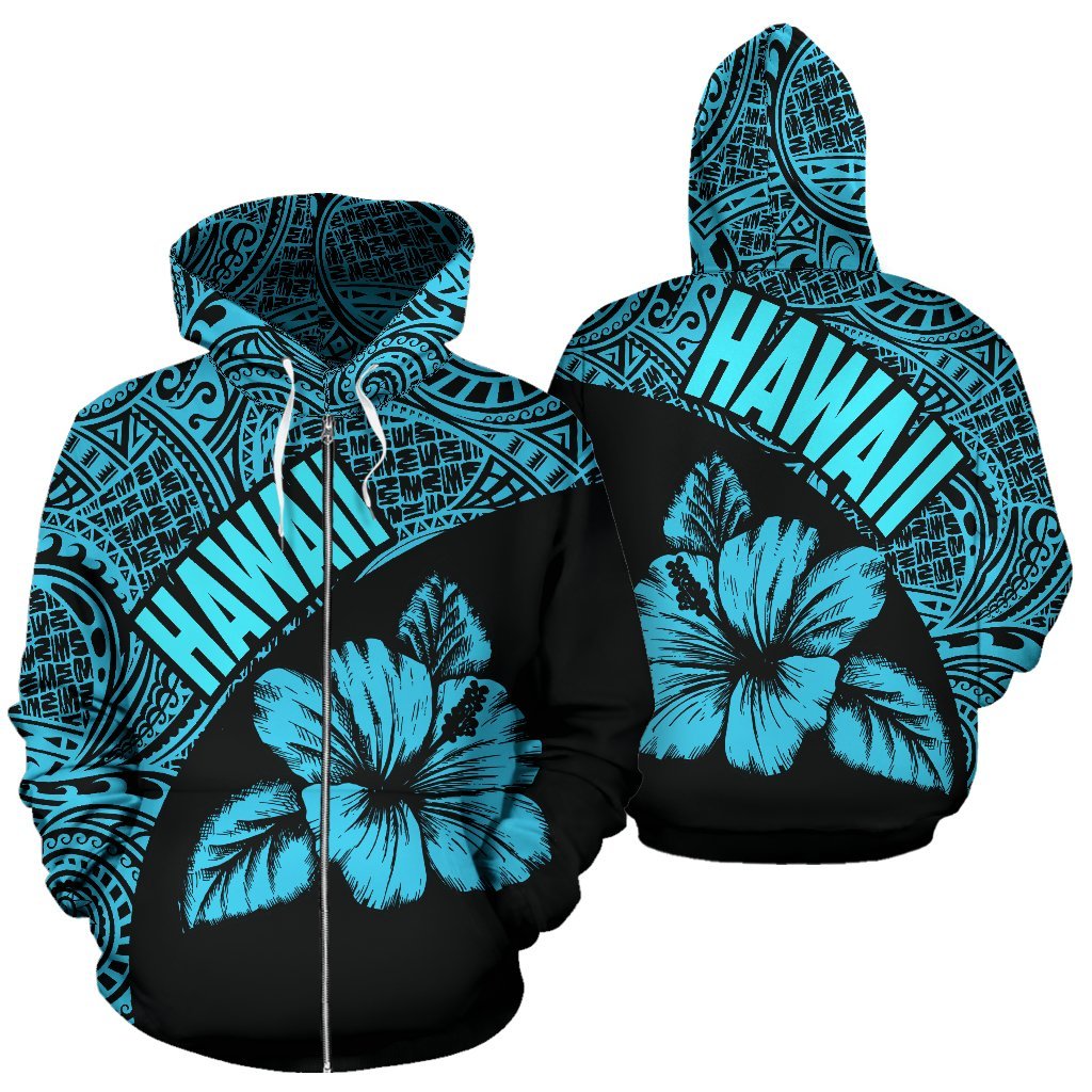Hawaii Zip up Hoodie Hawaii Hibiscus Polynesian Tattoo Blue Version Unisex Black - Polynesian Pride