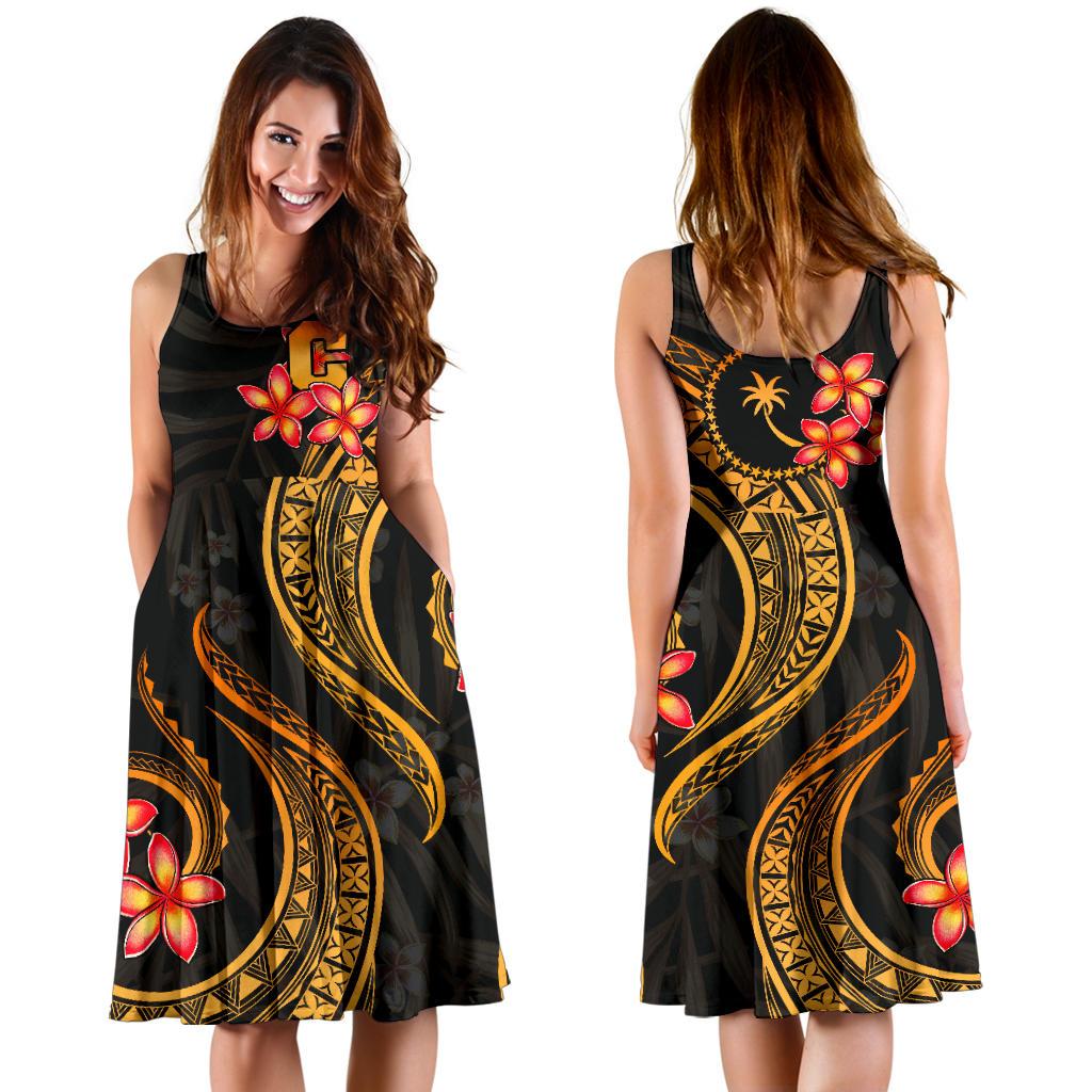Chuuk Micronesian Midi Dress - Gold Plumeria - Polynesian Pride