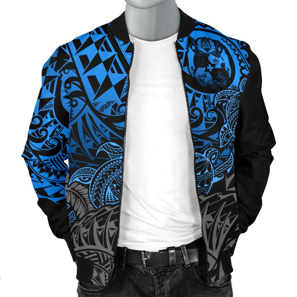 Tonga Polynesian Bomber Jacket (Men) - Blue Turtle Flowing - Polynesian Pride