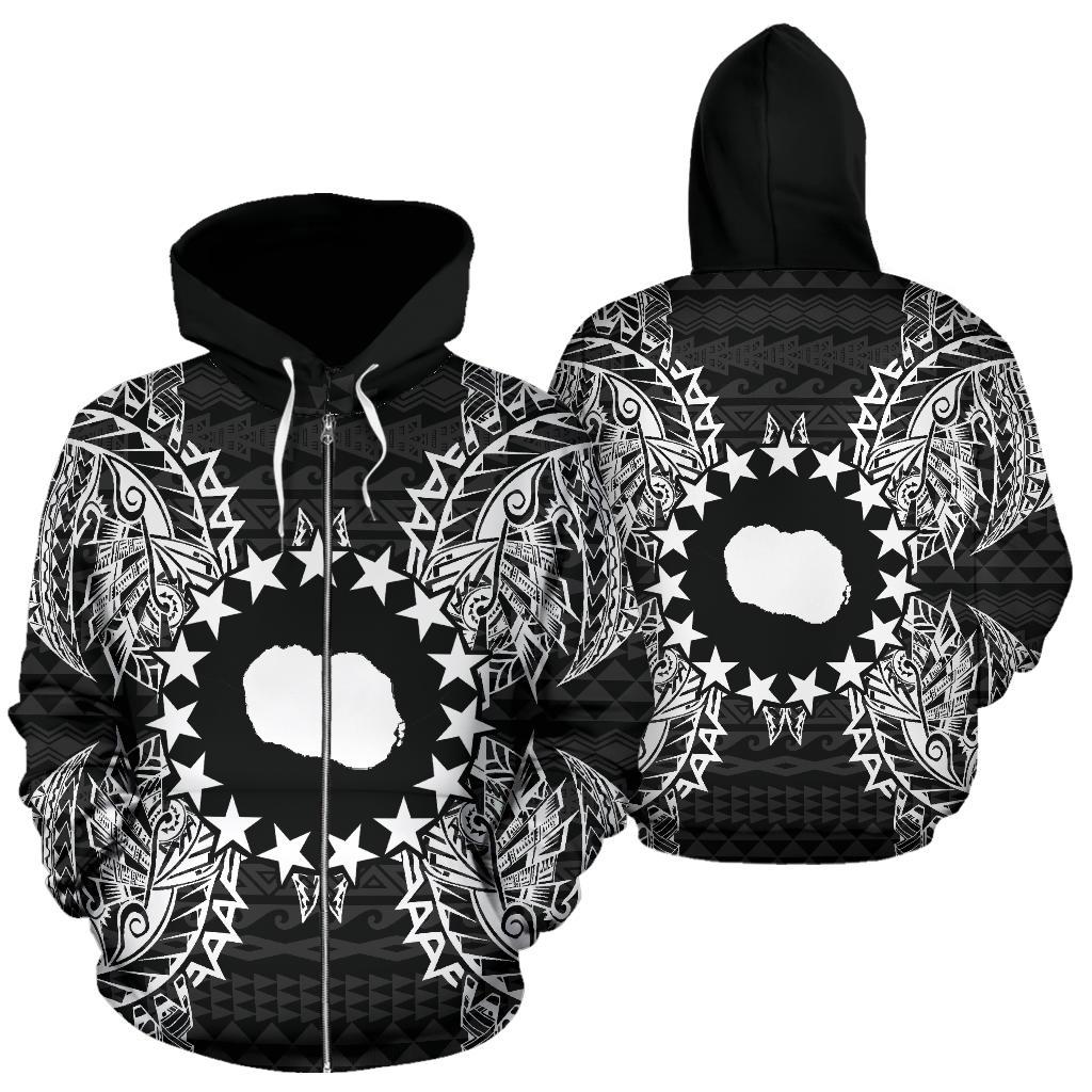 Cook Islands Polynesian All Over Zip up Hoodie Map Black Unisex Black - Polynesian Pride