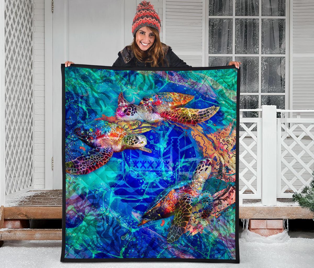 Tahiti Polynesian Premium Quilt - Tahiti Flag Sea Turtle Coral Treasure - Polynesian Pride