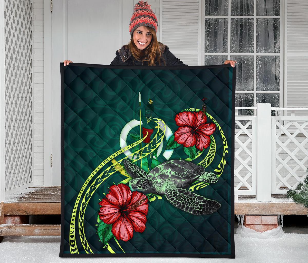 Vanuatu Polynesian Premium Quilt - Green Turtle Hibiscus - Polynesian Pride