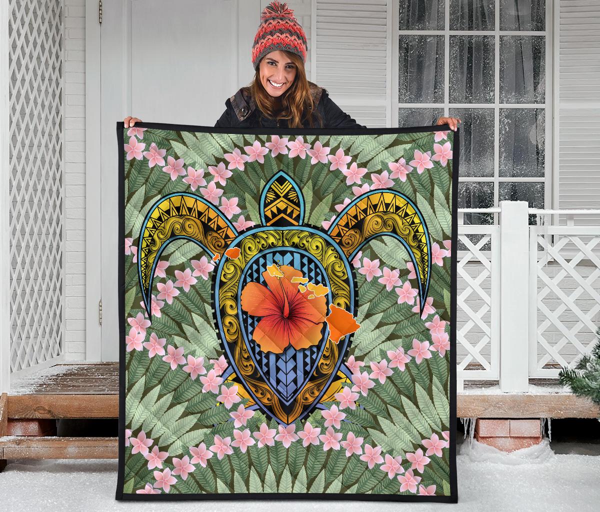 Hawaii Turtle Map Plumeria Hawaiian Tropical Premium Quilt - Candy Style - AH - Polynesian Pride