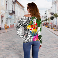 Tonga Custom Personalised Women's Off Shoulder Sweater White - Turtle Plumeria Banana Leaf - Polynesian Pride