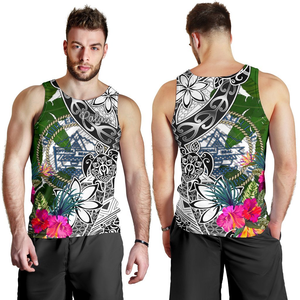 Palau Men's Tank Top White - Turtle Plumeria Banana Leaf Crest - Polynesian Pride