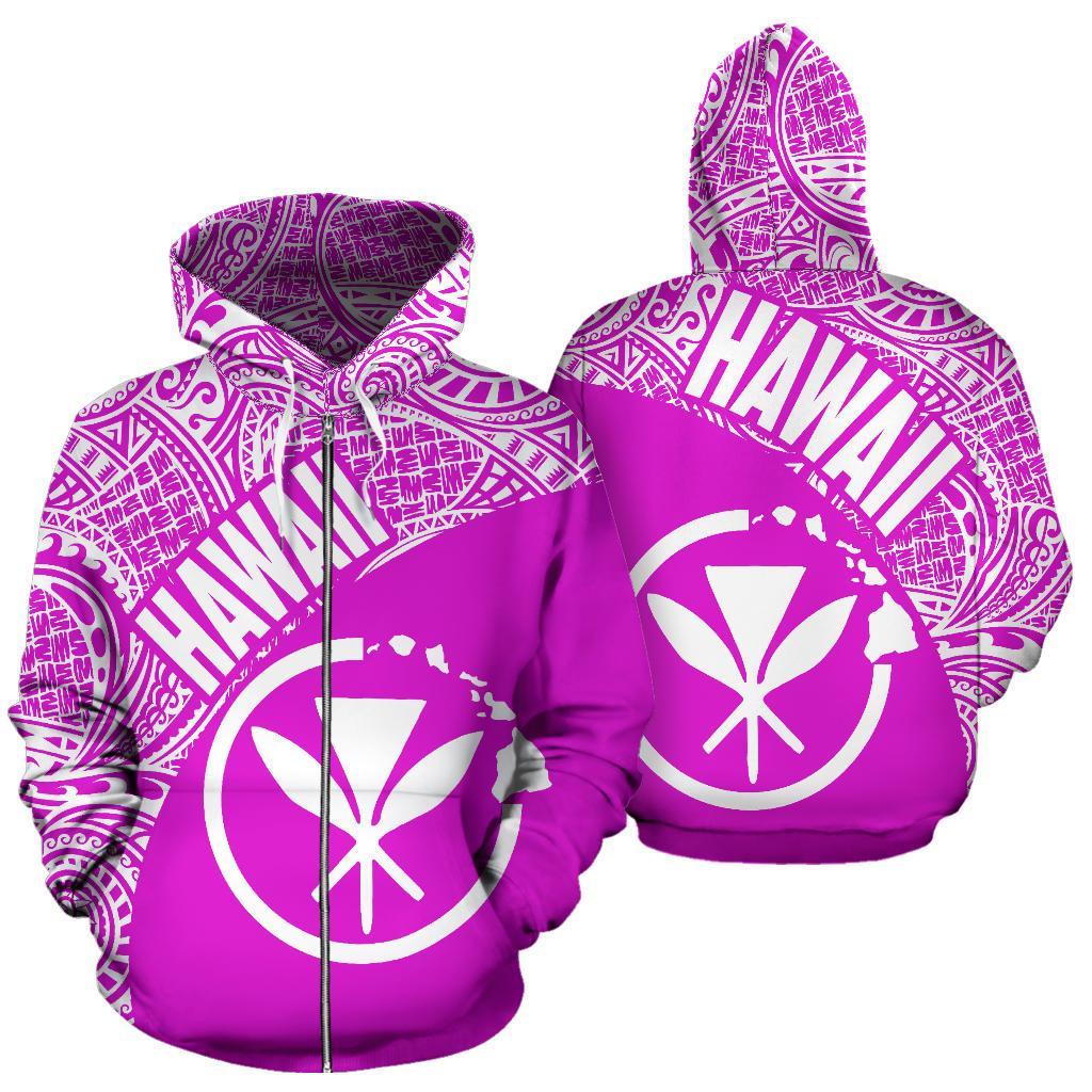 Hawaii Zip up Hoodie Hawaii Kanaka Maoli Polynesian Tattoo Pink White Unisex Black - Polynesian Pride