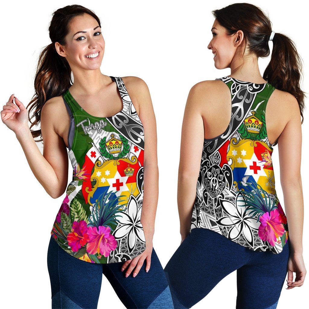 Tonga Women's Racerback Tank White - Turtle Plumeria Banana Leaf - Polynesian Pride