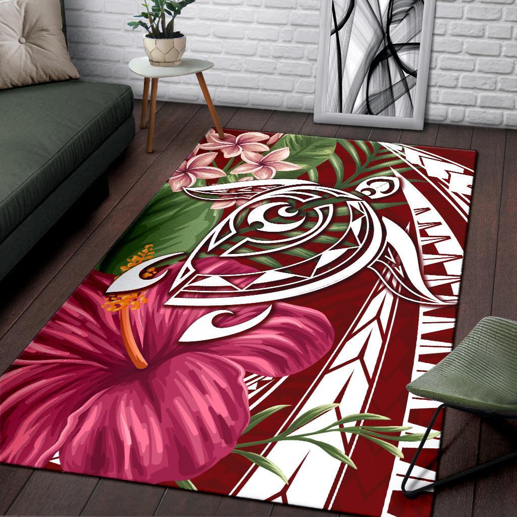 Hawaii Polynesian Turtle Tropical Hibiscus Plumeria Rug - Red - Polynesian Pride