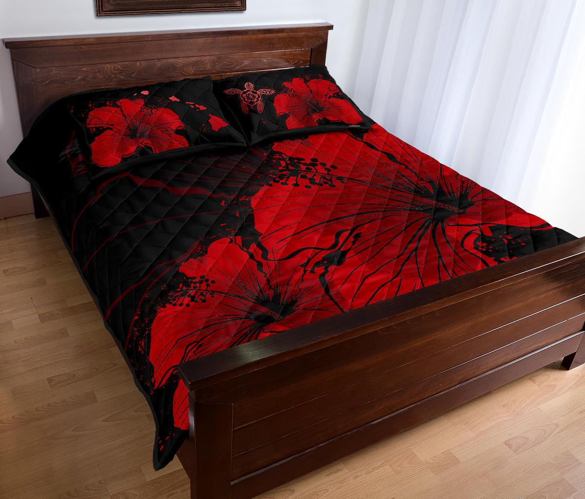 Hawaii Quilt Bed Set - Hawaii Hibiscus Black And Red Quilt Bed Set - Polynesian Pride