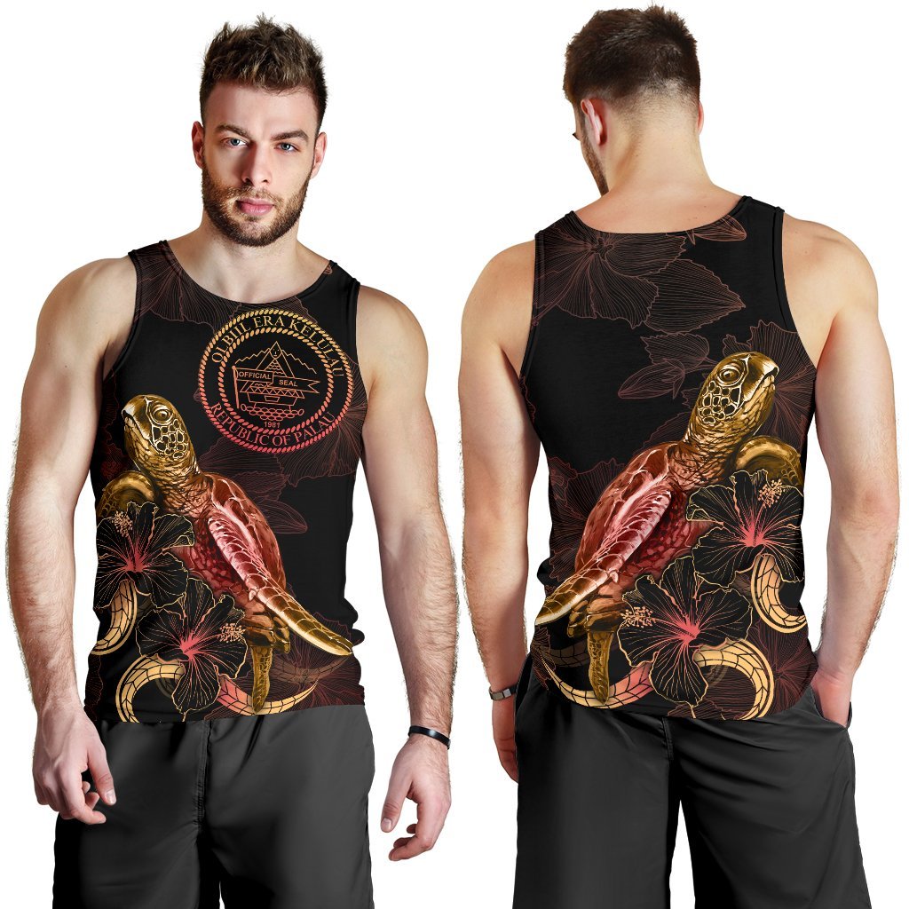 Palau Men Tank Top - Turtle With Blooming Hibiscus Gold - Polynesian Pride