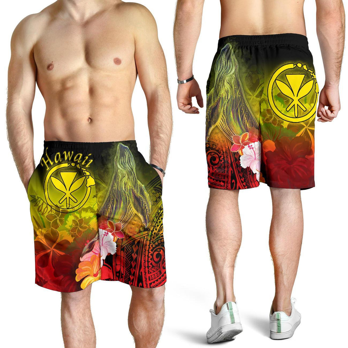 Polynesian Hawaii Men's Shorts - Kanaka Maoli Humpback Whale with Tropical Flowers (Yellow) - Polynesian Pride