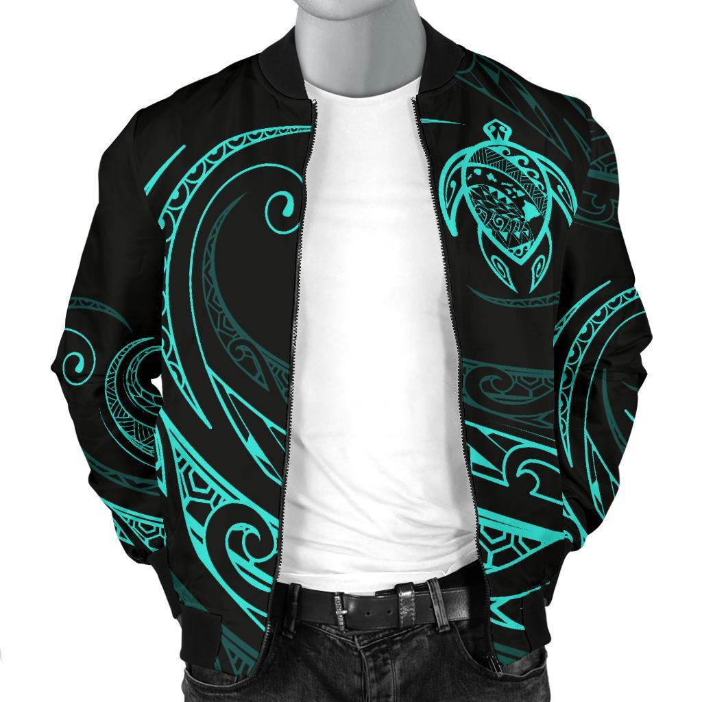 Hawaii Turtle Map Polynesian Men's Bomber Jacket - Turquoise - Frida Style - Polynesian Pride