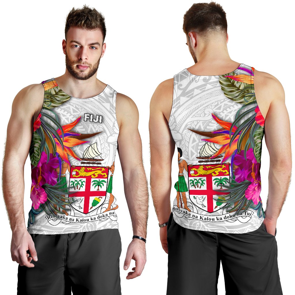 Fiji Polynesian Men's Tank Top - Hibiscus White Pattern White - Polynesian Pride