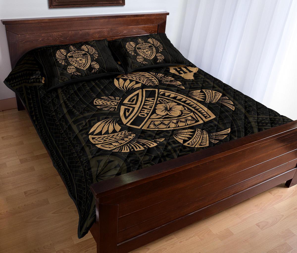 Hawaii Turtle Hibicus Map Quilt Bed Set - Gold - Polynesian Pride