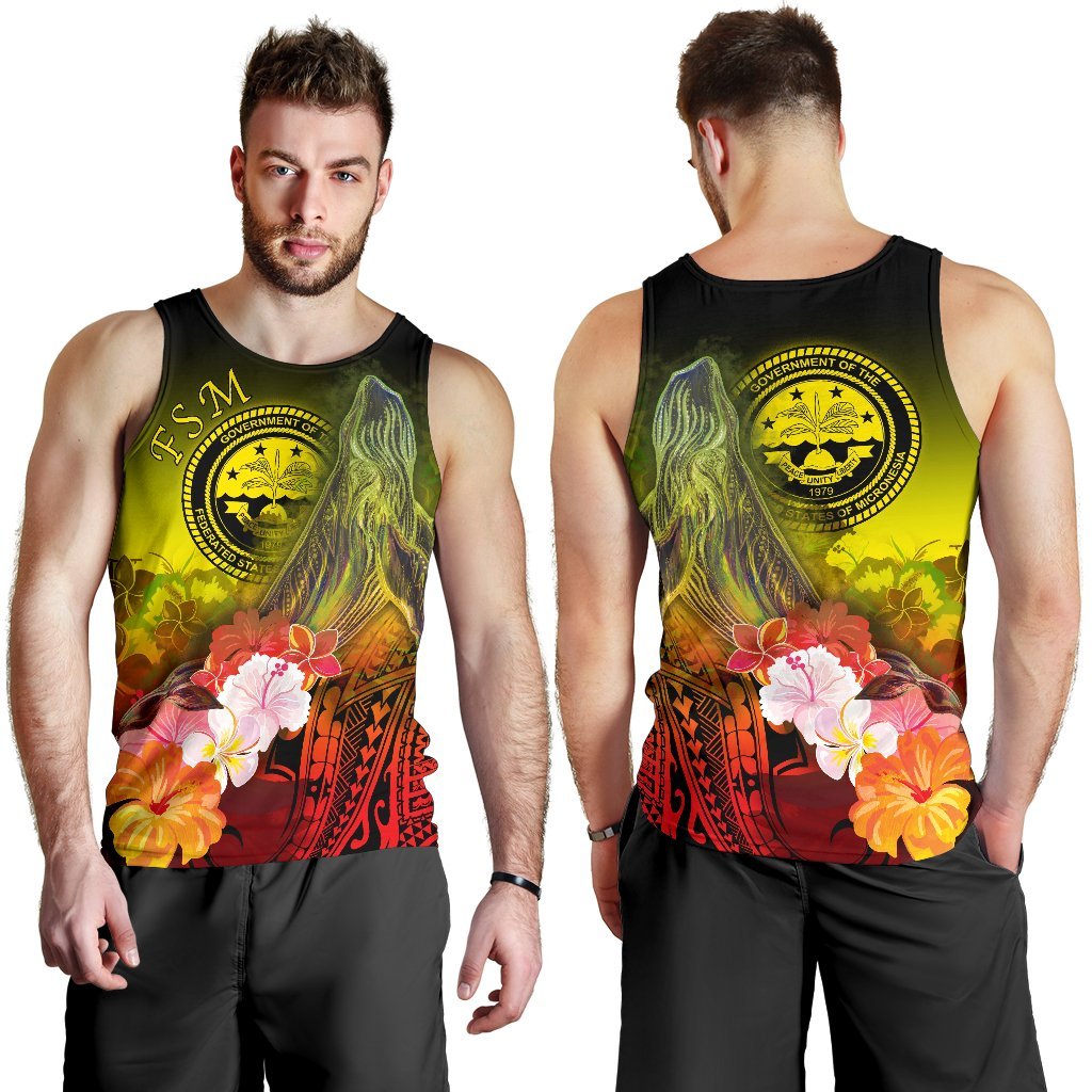 Federated States of Micronesia Men's Tank Top - Humpback Whale with Tropical Flowers (Yellow) - Polynesian Pride