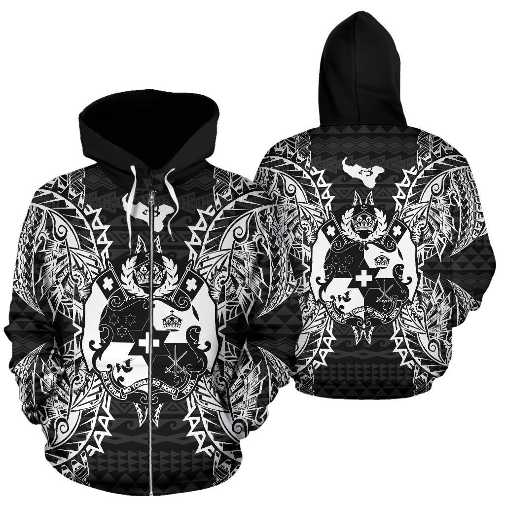 Tonga Polynesian All Over Zip up Hoodie Map Black Unisex Black - Polynesian Pride