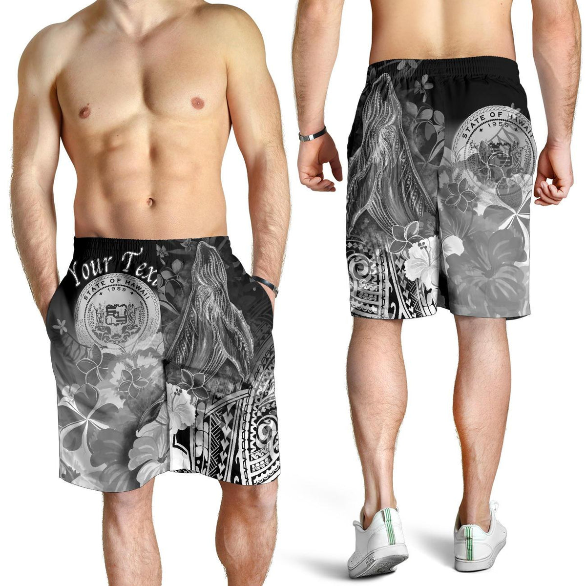 Polynesian Hawaii Custom Personalised Men's Shorts - Humpback Whale with Tropical Flowers (White) - Polynesian Pride