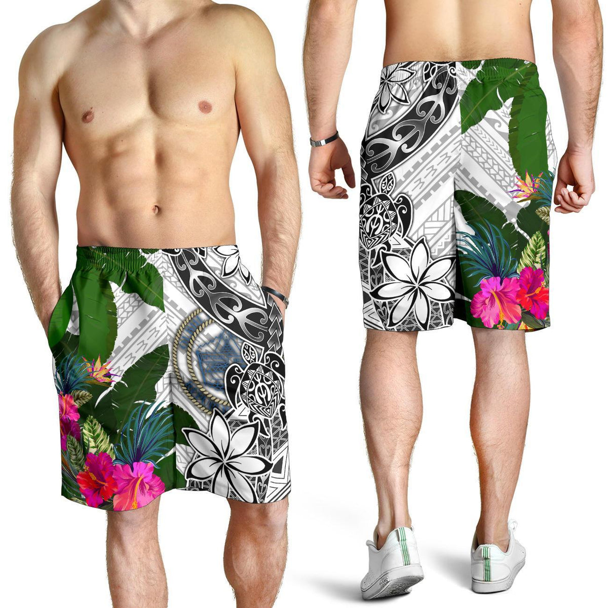 Palau Men's Short White - Turtle Plumeria Banana Leaf Crest - Polynesian Pride