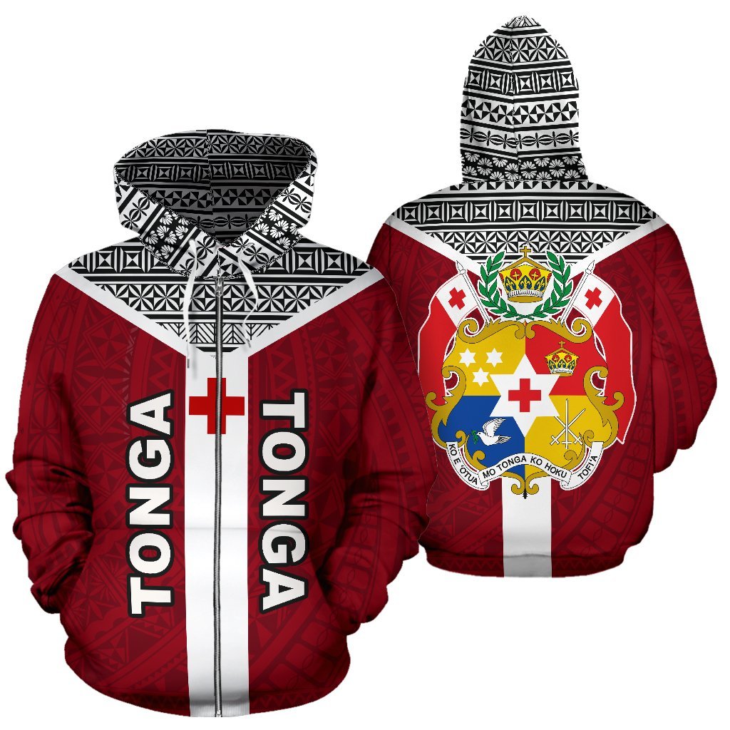 Tonga Tapa Zip Hoodie Tonga Flag Coat of Arms Polynesian Tattoo Unisex Red - Polynesian Pride