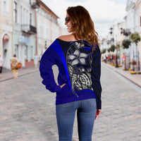 Pohnpei Micronesia Women Off Shoulder Sweater Blue - Turtle With Hook - Polynesian Pride