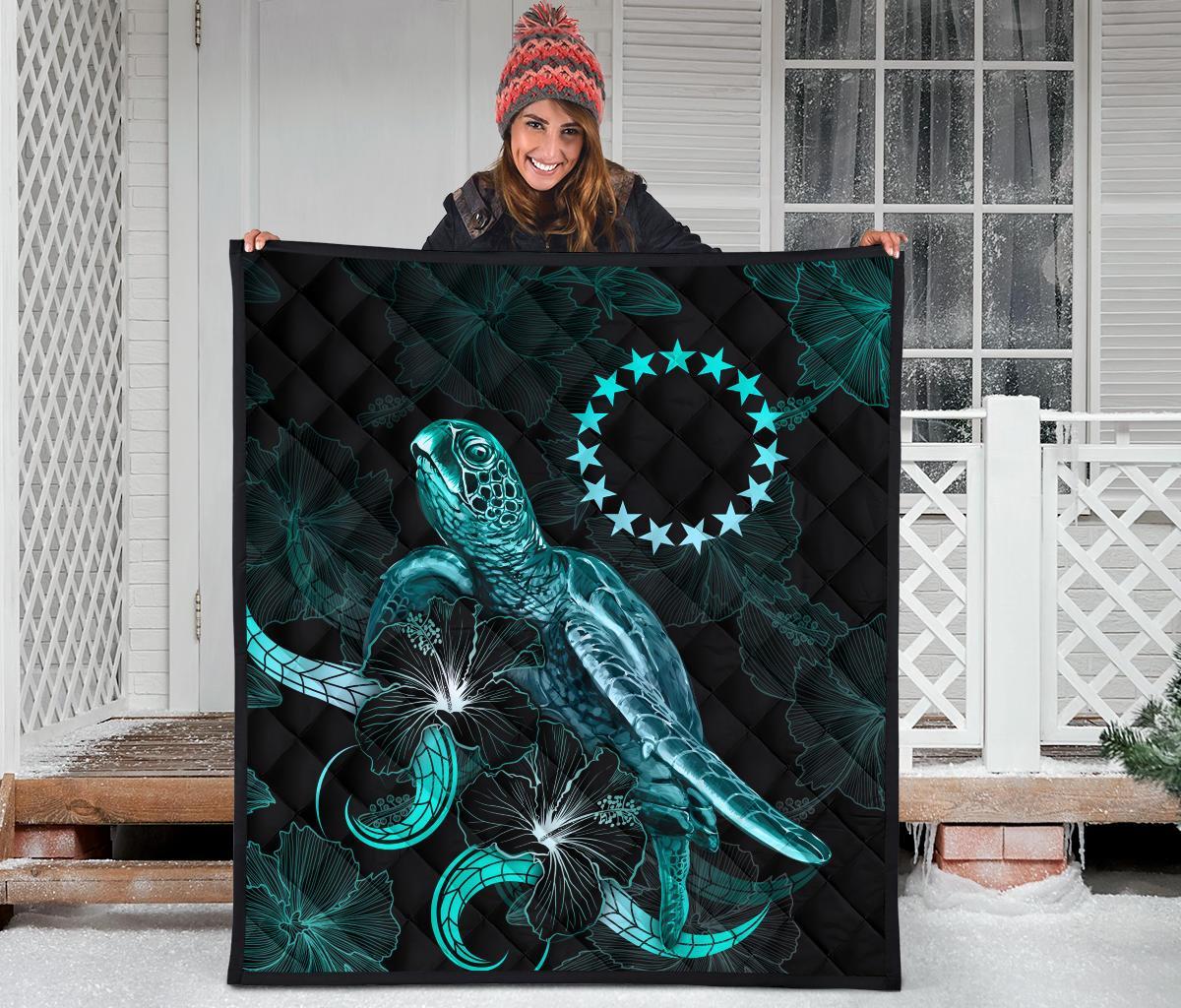 Cook Islands Polynesian Premium Quilt - Turtle With Blooming Hibiscus Turquoise - Polynesian Pride