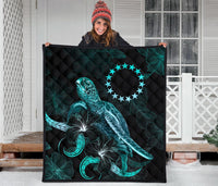 Cook Islands Polynesian Premium Quilt - Turtle With Blooming Hibiscus Turquoise - Polynesian Pride