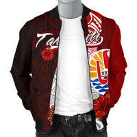 Tahiti Polynesian Men's Bomber Jacket - Coat Of Arm With Hibiscus - Polynesian Pride