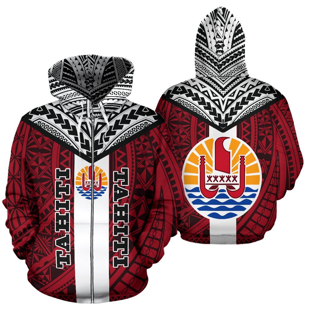 Tahiti Zipper Hoodie Tahiti Flag Polynesian Tattoo Unisex Red - Polynesian Pride