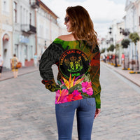 Niue Polynesian Off Shoulder Sweater - Hibiscus and Banana Leaves - Polynesian Pride