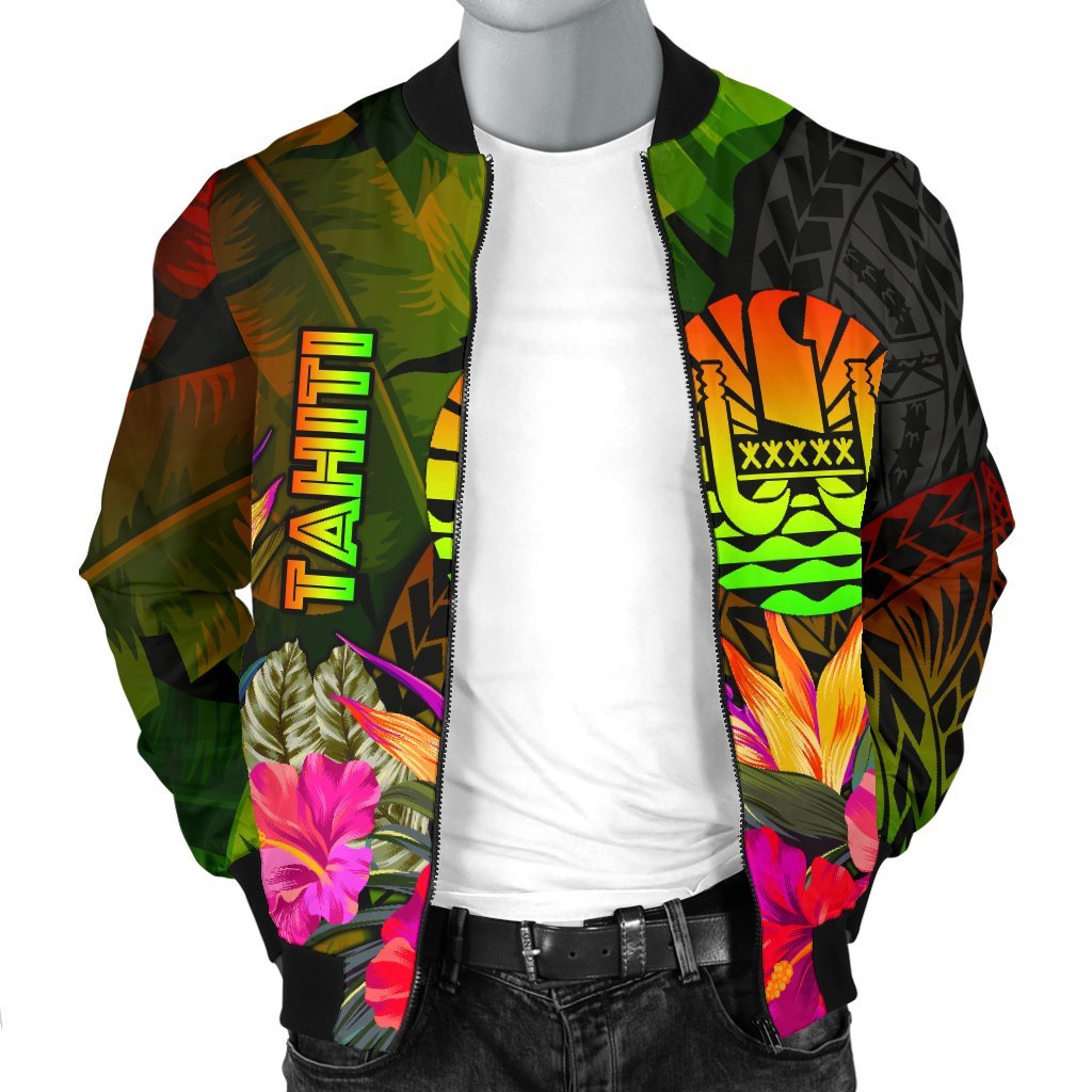 Tahiti Polynesian Men's Bomber Jacket - Hibiscus and Banana Leaves - Polynesian Pride