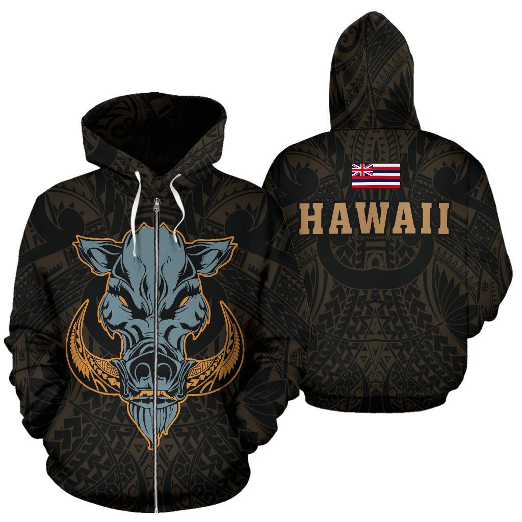 Polynesian Kamapuaa Flag of Hawaii Zip Hoodie Gold Hawaiian Mythology Style Unisex Gold - Polynesian Pride