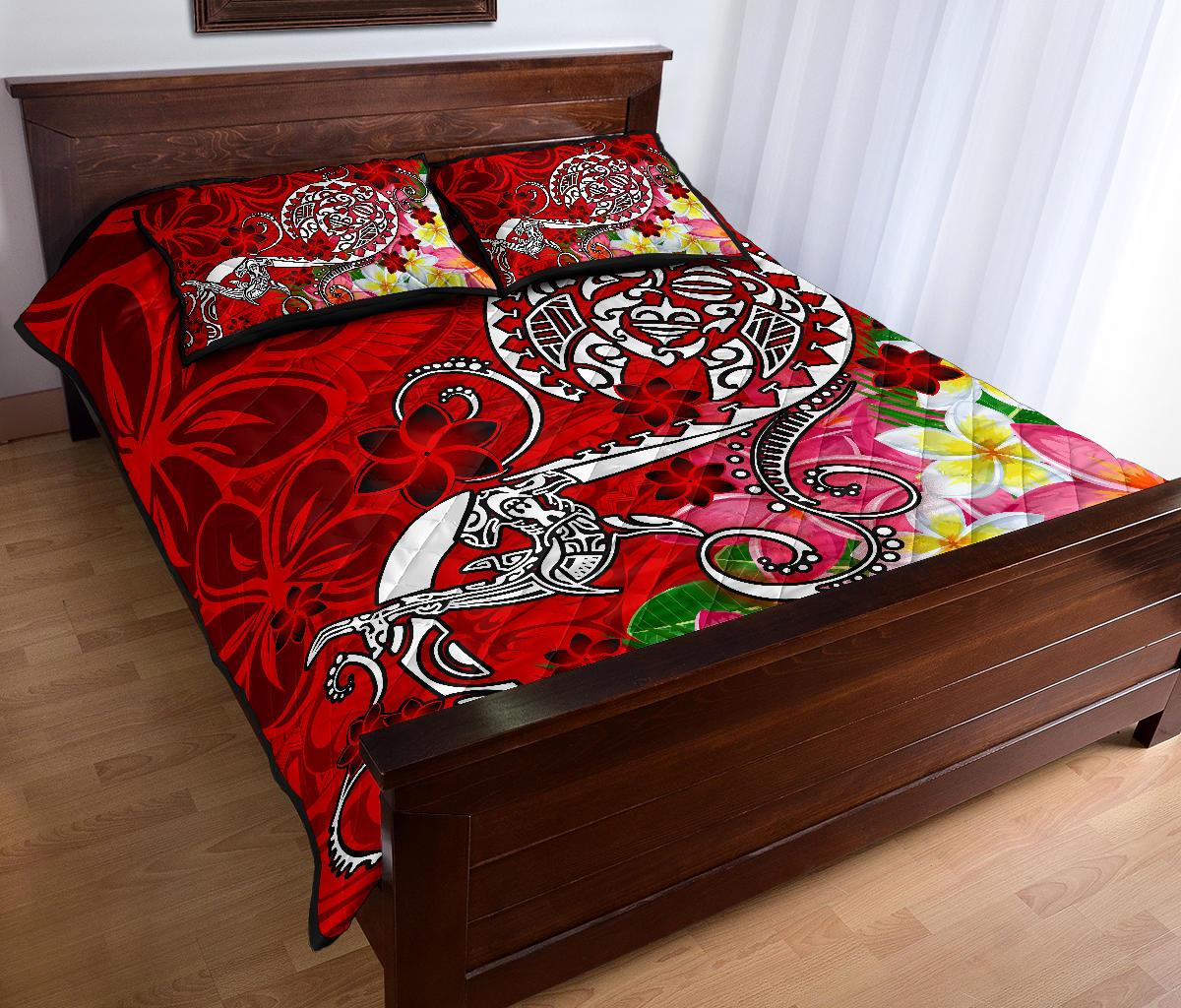 Polynesian Quilt Bed Set - Turtle Plumeria Red Color - Polynesian Pride