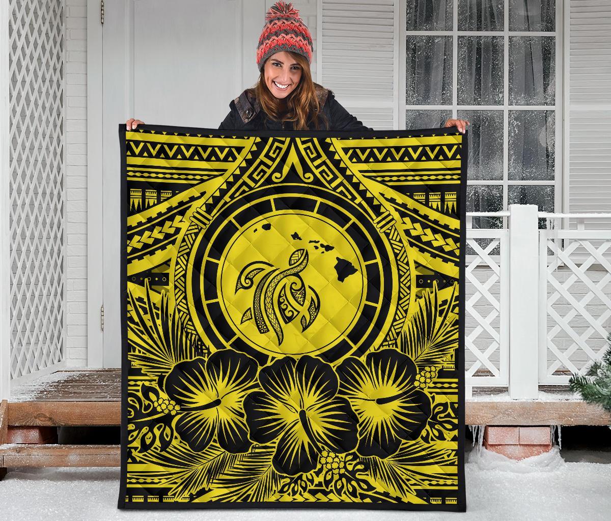 Hawaii Premium Quilt - Hawaii Map Honu Hibiscus Yellow Polynesian Premium Quilt - Polynesian Pride