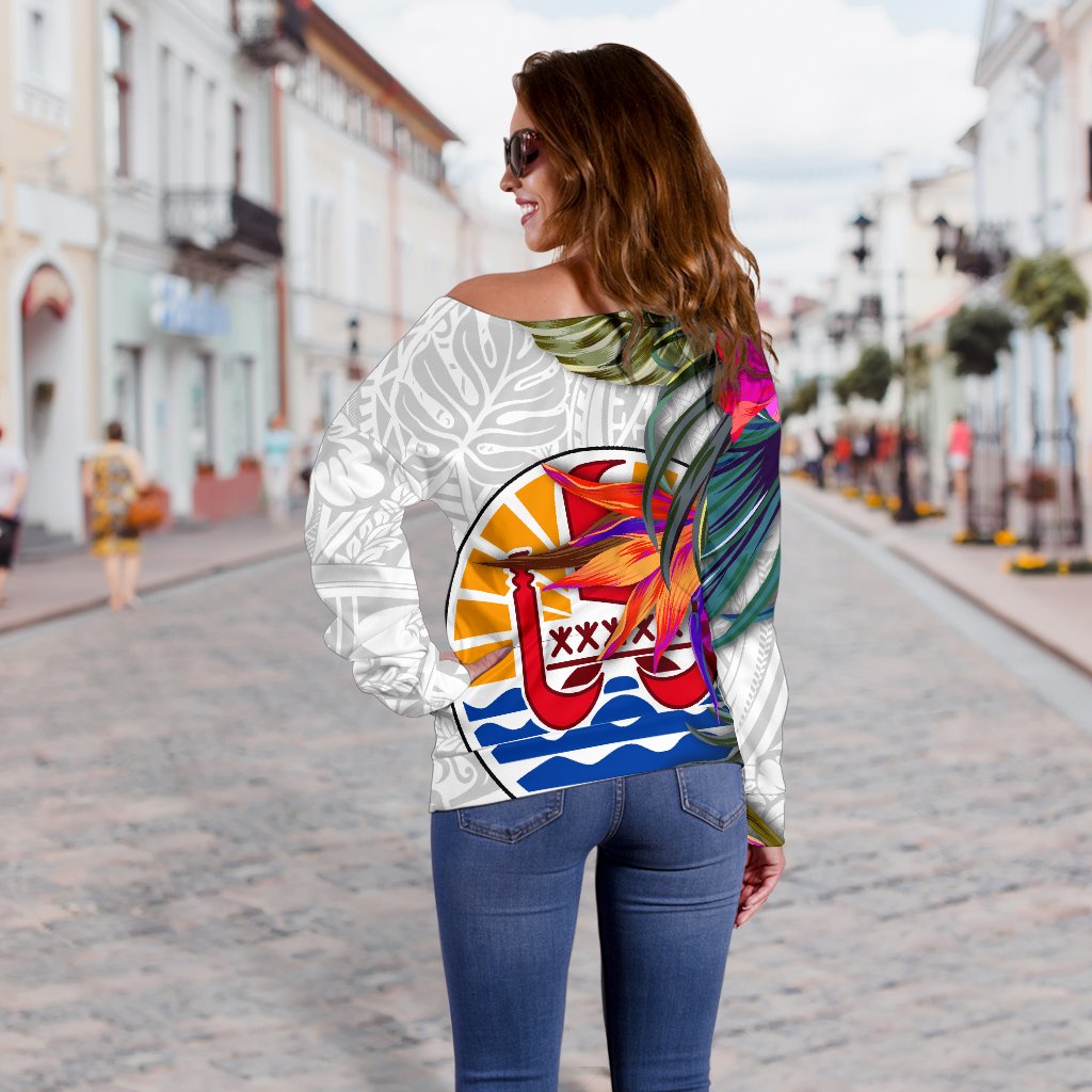 Tahiti Women's Off Shoulder Sweater Polynesian Hibiscus White Pattern - Polynesian Pride