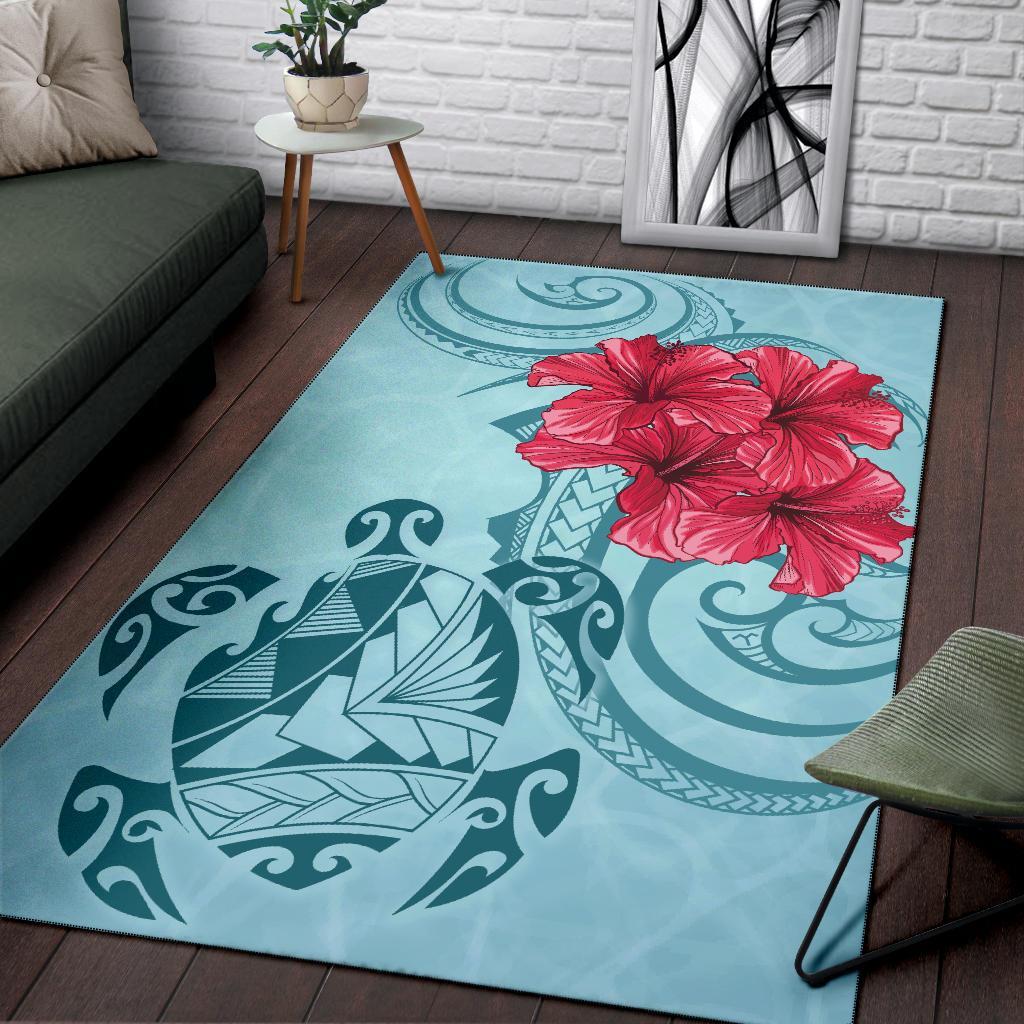Hawaii Polynesian Turtle Hibiscus Blue Rug - Bless Style - Polynesian Pride