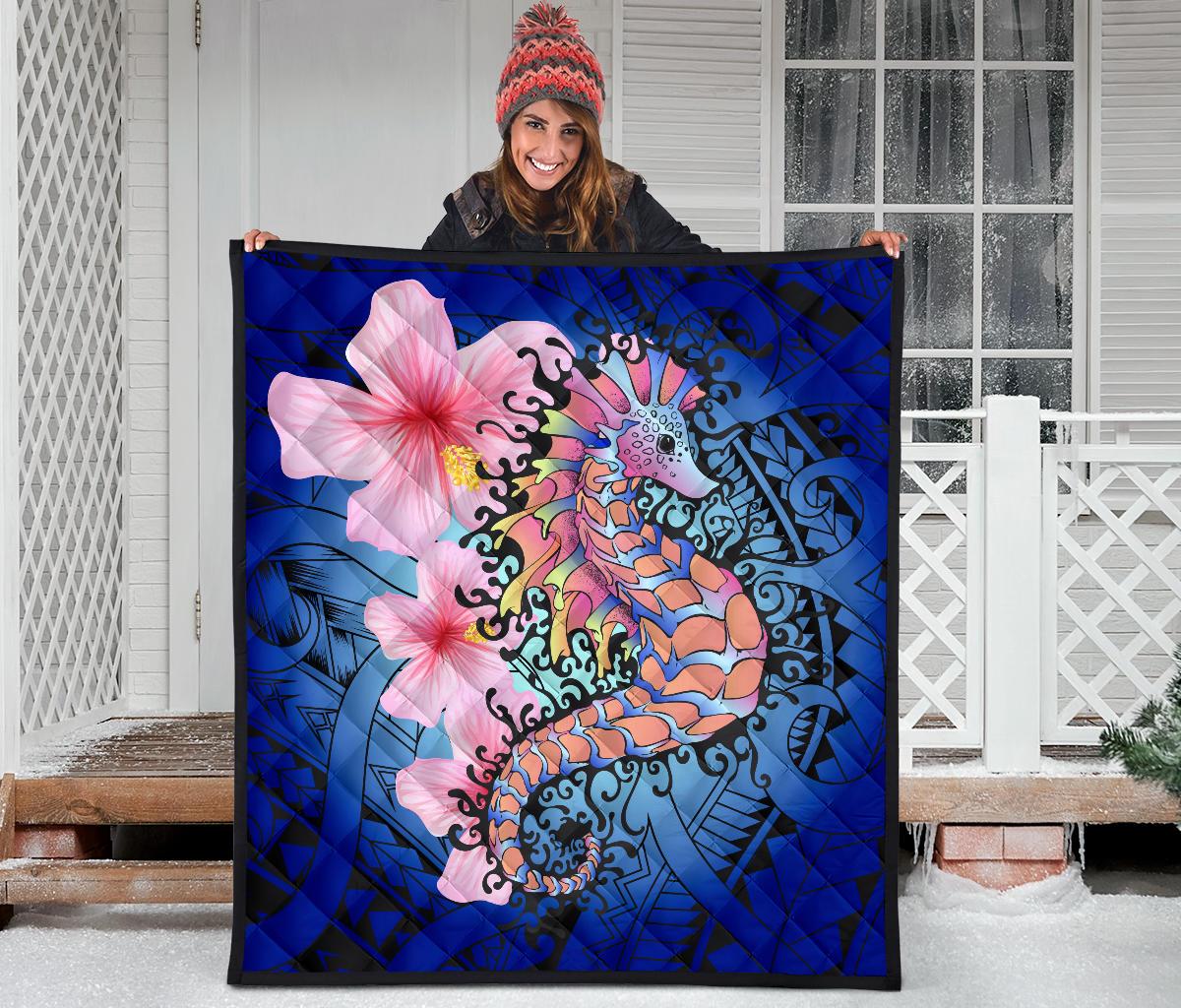 Hawaii Polynesian Pink Hibiscus Seahorse Premium Quilt - Polynesian Pride