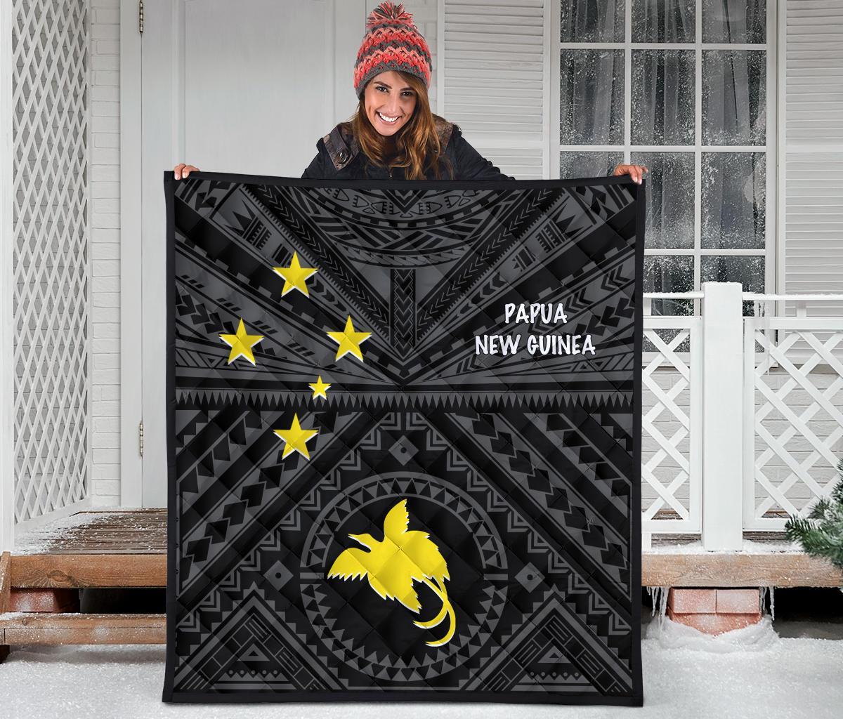 Papua New Guinea Premium Quilt - Flag With Polynesian Patterns (Black) - Polynesian Pride