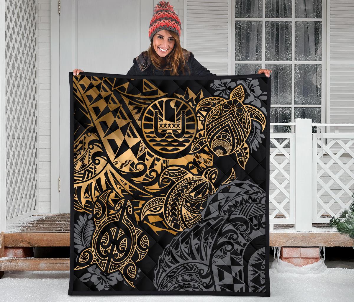 Tahiti Polynesian Premium Quilt - Gold Turtle HibiscusFlowing - Polynesian Pride
