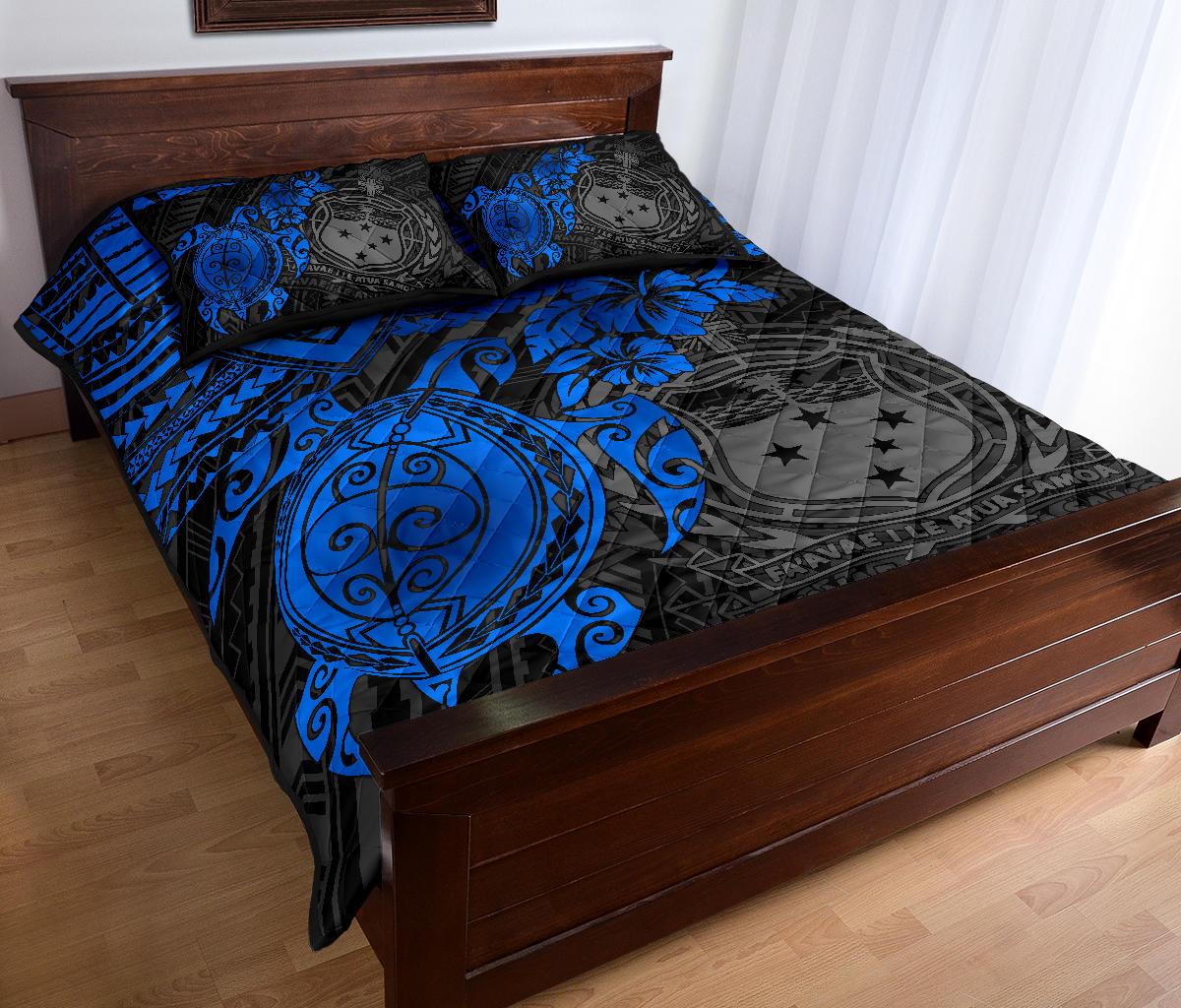 Samoa Polynesian Quilt Bed Set - Samoa Coat Of Arms & Blue Turtle Hibiscus - Polynesian Pride