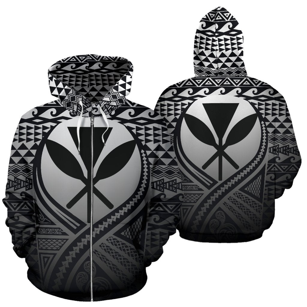 Kanaka Maoli All Over Zip up Hoodie Lift up Black Unisex Black - Polynesian Pride