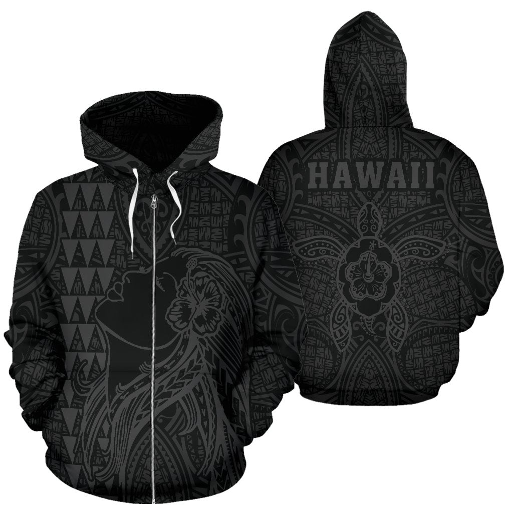 Polynesian Kakau Hula Girl Turtle Hibiscus Hawaii Zip Hoodie Gray Unisex Gray - Polynesian Pride