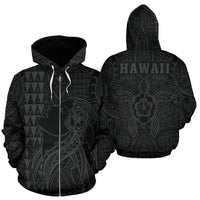 Polynesian Kakau Hula Girl Turtle Hibiscus Hawaii Zip Hoodie Gray Unisex Gray - Polynesian Pride
