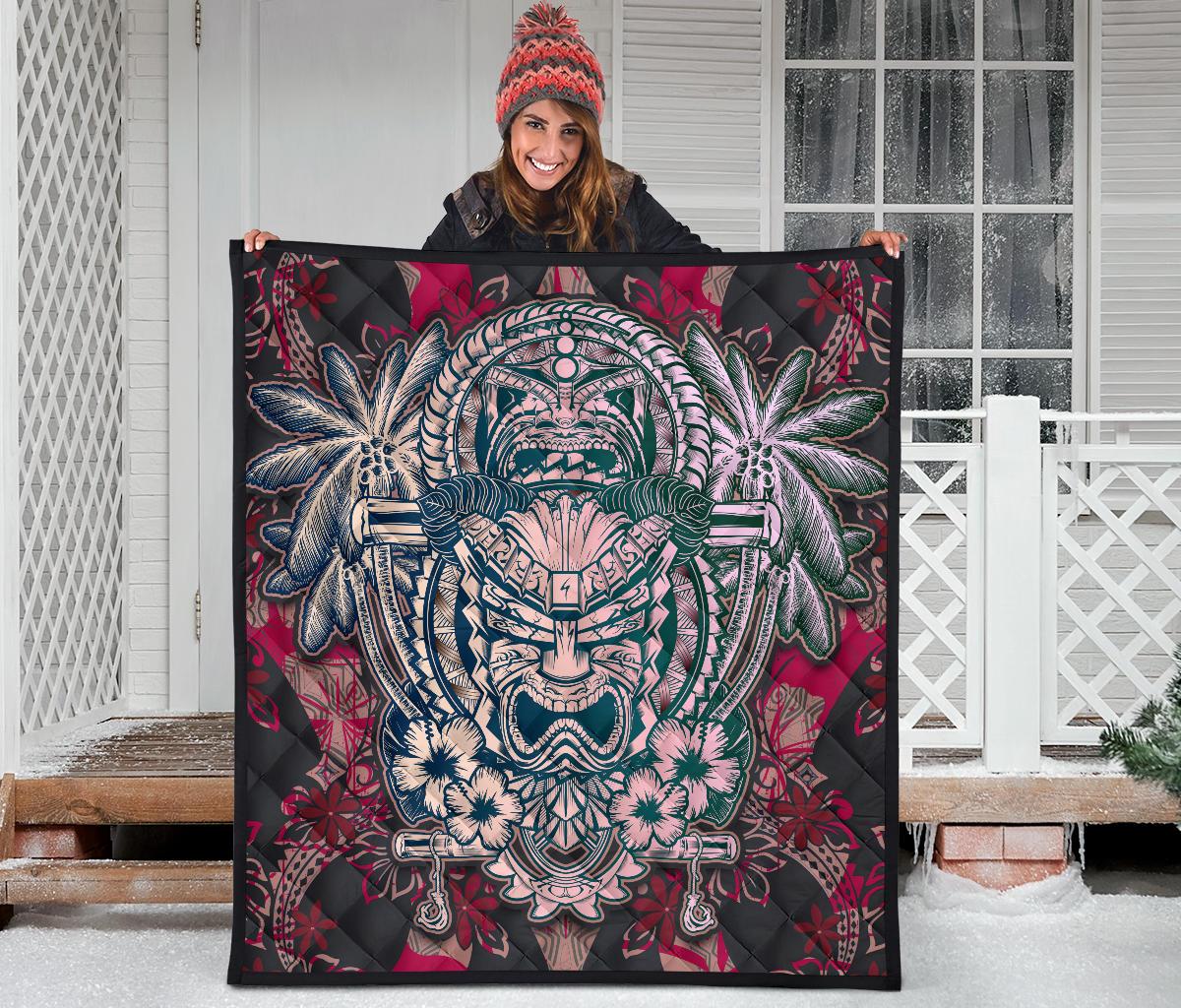 Hawaii Polynesian Premium Quilt - Hawaiian Tiki Face - Polynesian Pride