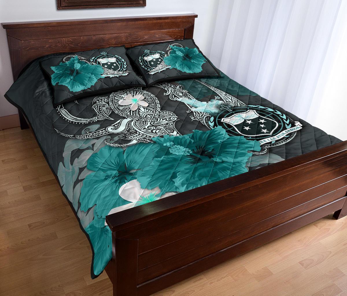 Samoa Quilt Bed Set - Hibiscus Turtle Tribal Turquoise - Polynesian Pride