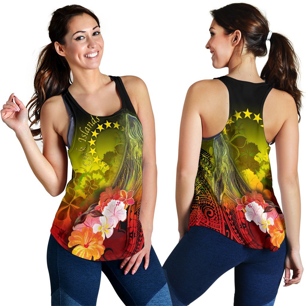Cook Islands Women's Racerback Tank - Humpback Whale with Tropical Flowers (Yellow) - Polynesian Pride