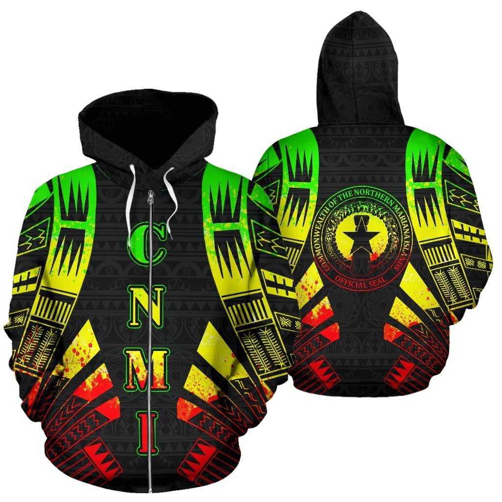 CNMI All Over Zip up Hoodie Reggae Color Tattoo Style Unisex Black - Polynesian Pride