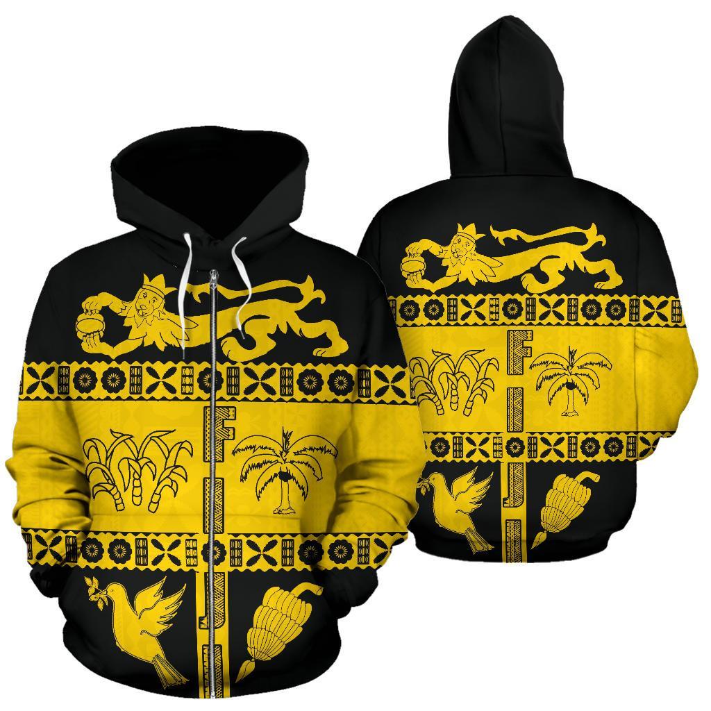 Fiji Tapa Zip Hoodie Fiji Yellow Coat of Arms Unisex Yellow - Polynesian Pride
